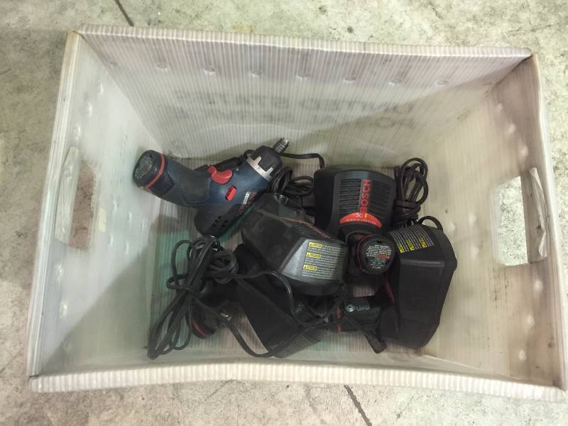 lot 149 image: Box lot includes cordless drill, batteries and chargers