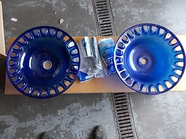 2-Cobalt Blue Glass Sink Basins & Some Plumbing Parts