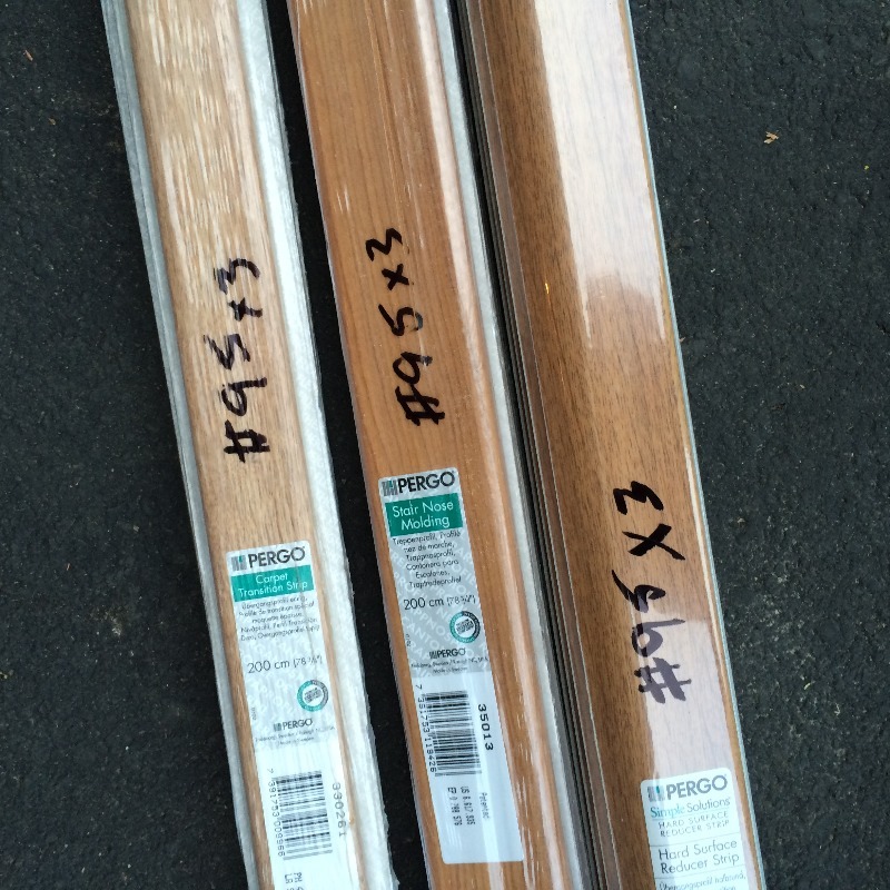 PERGO assorted carpet transition, stair nose,reducer strip  Lot of approx. 18   8 foot pieces   New