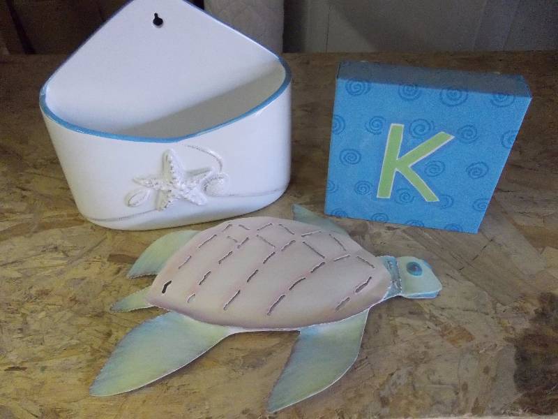 Ceramic Envelope Wall Pocket With Shell Design, Metal Turtle, Letter K Sign