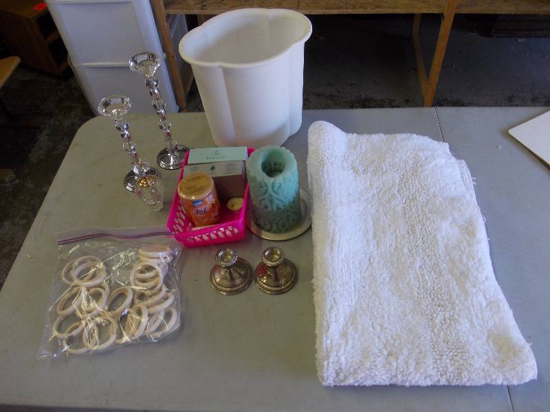 Pair Of Sterling Candle Sticks, Bathroom Accessories, Trash Can, Shower Rings, Candles