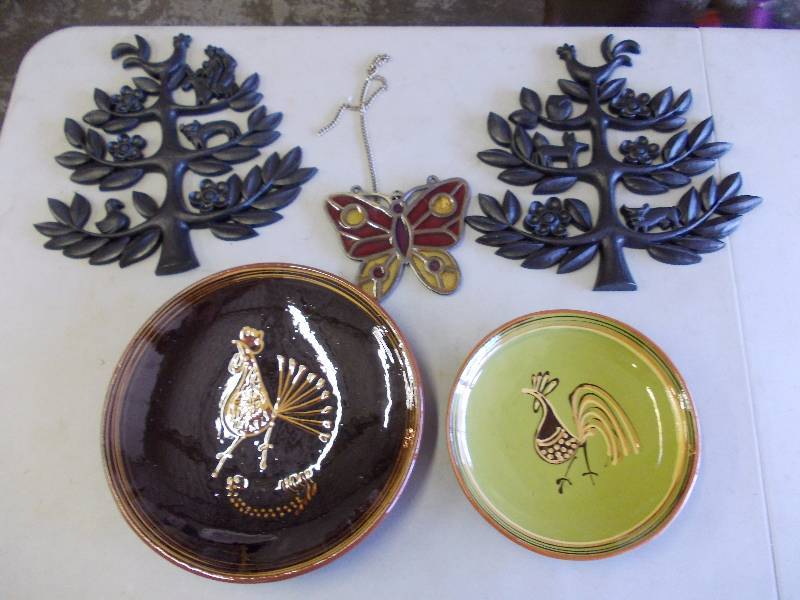 2-Pottery Plates, Wall Decor, Glass Butterfly
