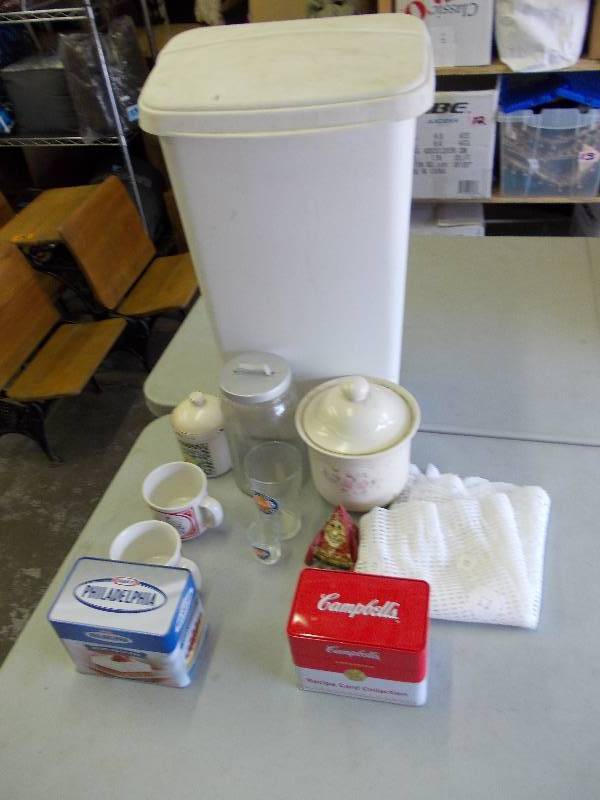 Pfaltzgraff Canister, Campbells Soup Mugs & Recipe Box, Trash Can, Lace Curtain, More