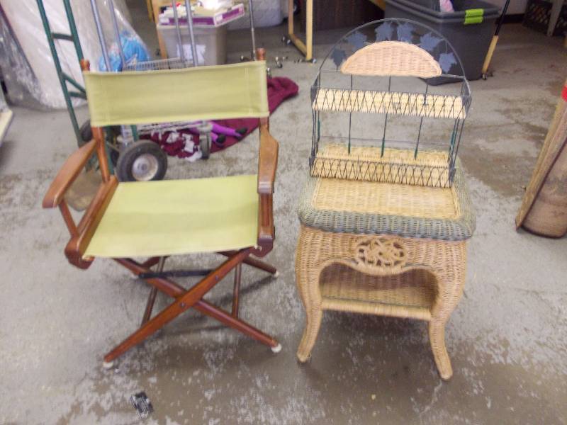 Director Chair, Wicker Table, Wicker Shelf