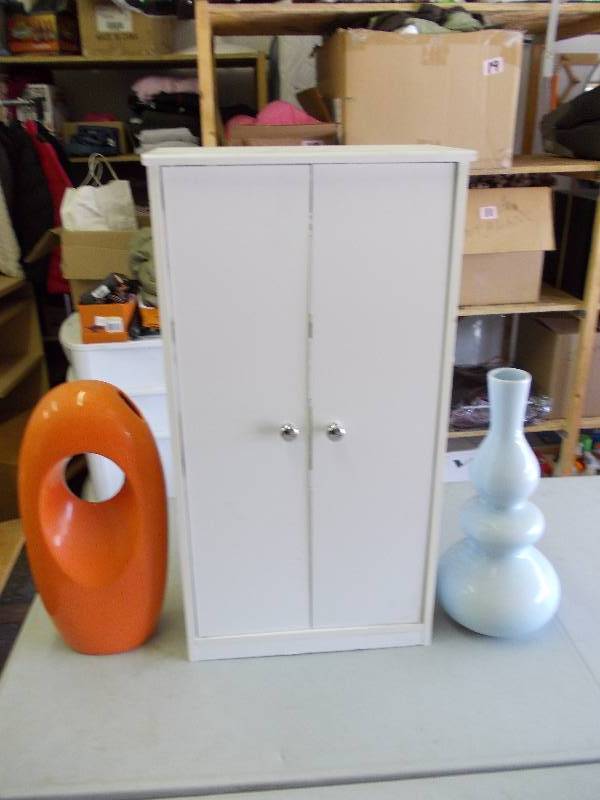 White Wall Cabinet & 2-Decorative Vases