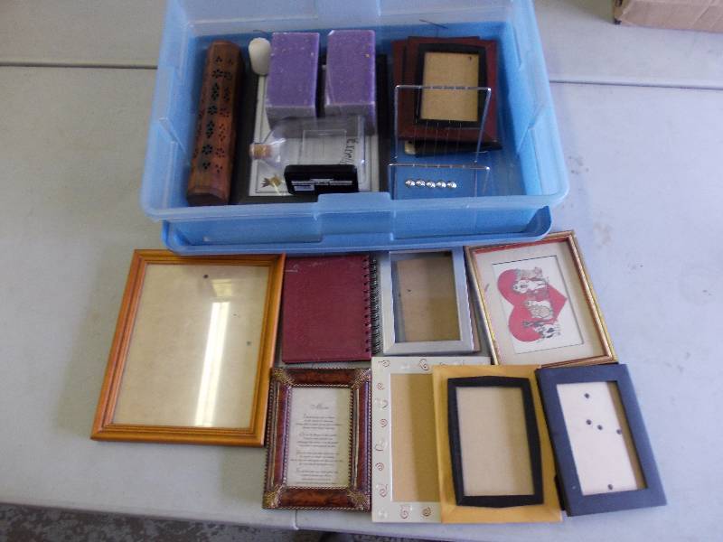 Tote Bin With Lid Full Of Picture Frames, Candles, Incense Burner, More