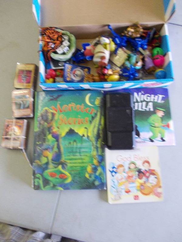 Box Lot-Kids Books, Toys, Miniatures, Pokemon Cards, More