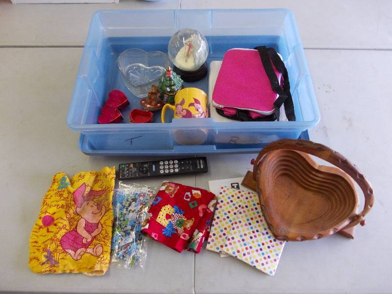 Tote Bin With Lid & Contents (Piglet Mug, Mickey Mouse Puzzle, Wood Basket, More