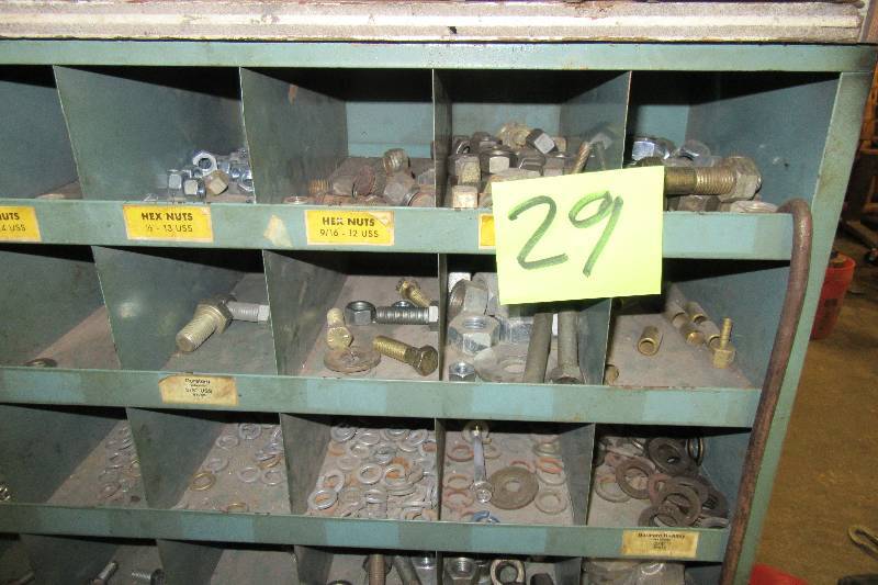 96 section Metal parts cabinet with contents