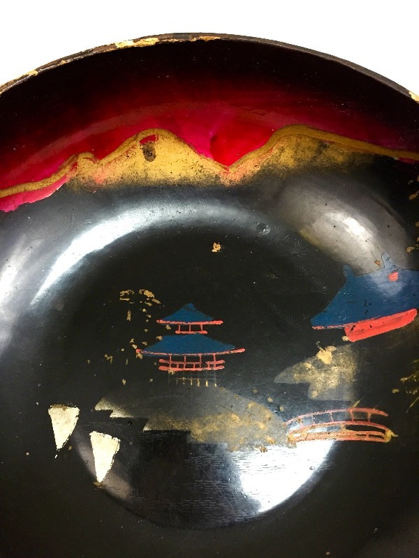 Vintage lacquered wooden bowl handpainted