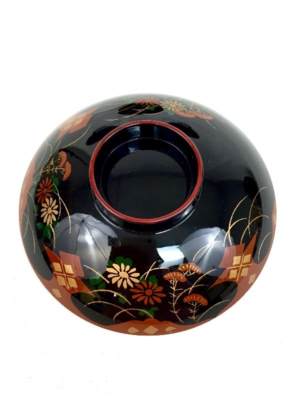Lot of 5 Vintage Black & Red lacquer rice bowls