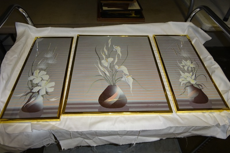 3 pictures in frames with flowers