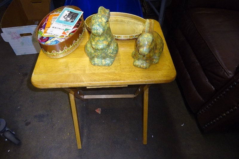 Wooden tv tray, low of sewing, bunny statue, small garden set