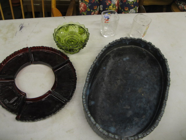 2 Disney glasses, green dish, maroon dishes, serving dish
