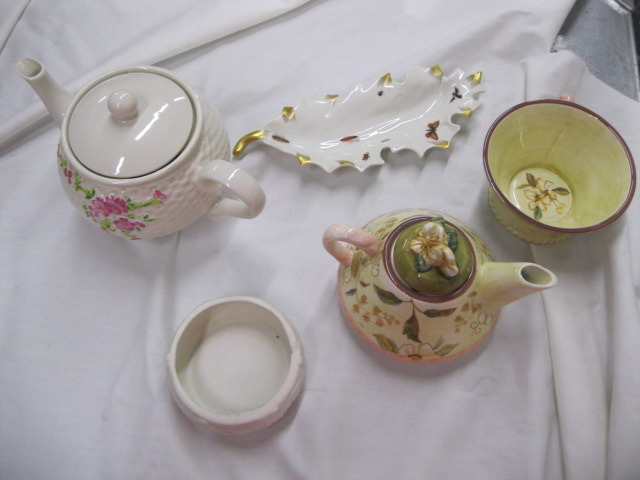 2 tea pot, relish dish, cup, 1 small bowl