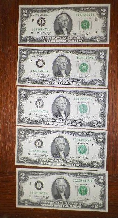 5 Consecutive 1976 $2.00 Bills Minneapolis MN