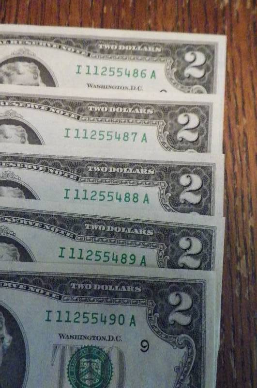 5 Consecutive 1976 $2.00 Bills Minneapolis MN