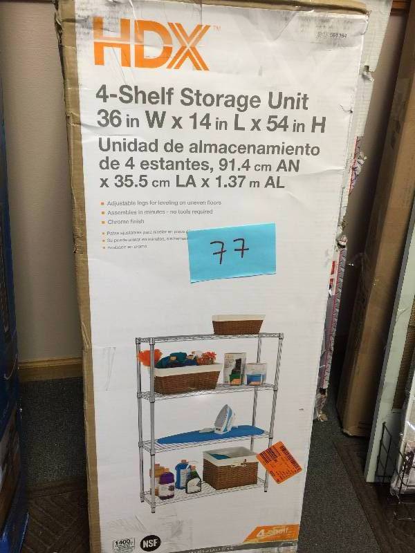 lot 77 image: HDX 4 Shelf Storage Unit  36 in x 14 in x 54 in