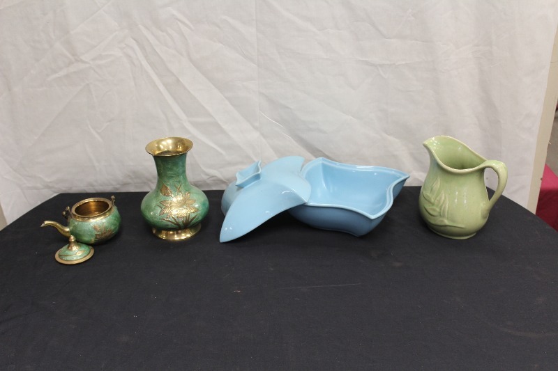 Vintage Indian Brass Vase, Brass Creamer, and Pottery