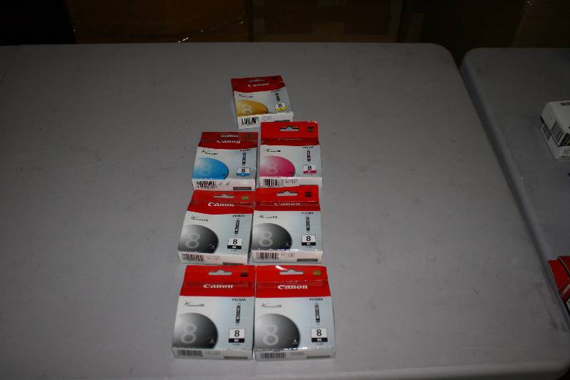 lot 87 image: Lot of (7) Replacement Print Cartridges For Models Canon 8 Black, Yellow, Cyan, Magenta.