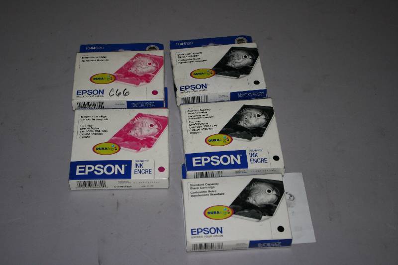 lot 83 image: Lot of (5) Replacement Print Cartridges For Models Epson T044320 Magenta (2), Black (3).