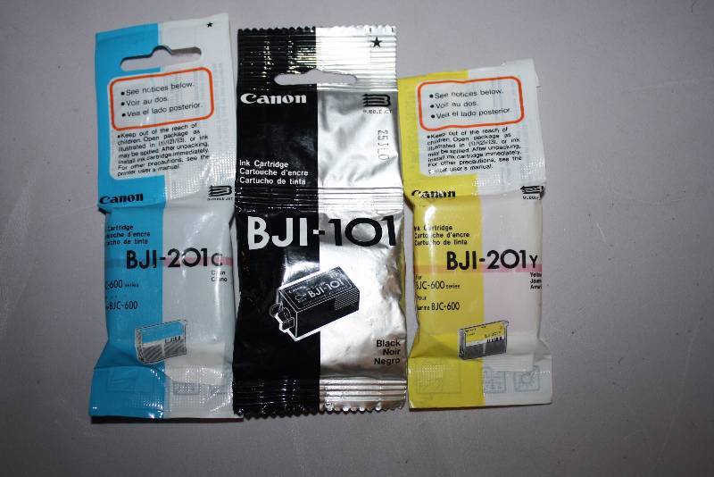 lot 100 image: Lot of (3) Replacement Print Cartridges For Models Canon BJI-201CY Black, Yellow, Cyan.