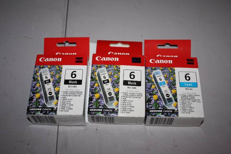 lot 98 image: Lot of (3) Replacement Print Cartridges For Models Canon 6 Black, Cyan.