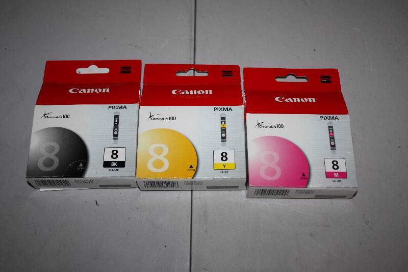 lot 97 image: Lot of (3) Replacement Print Cartridges For Models Canon 8 Yellow, Black, Magenta.