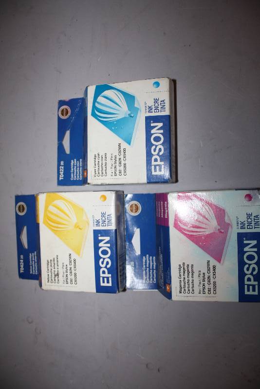lot 75 image: Lot of (3) Replacement Print Cartridges For Models Epson T042220 Cyan, Yellow, Magenta.