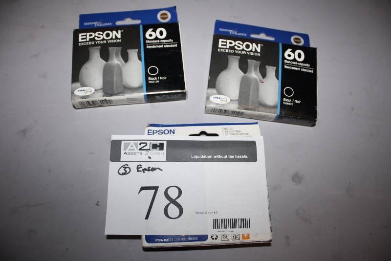 lot 78 image: Lot of (3) Replacement Print Cartridges For Models Epson T060120 60 Standard Black.