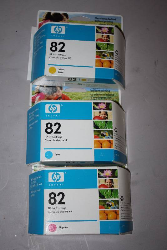 lot 66 image: Lot of (3) Replacement Print Cartridges For Models HP 82 Cyan, Magenta, Yellow.