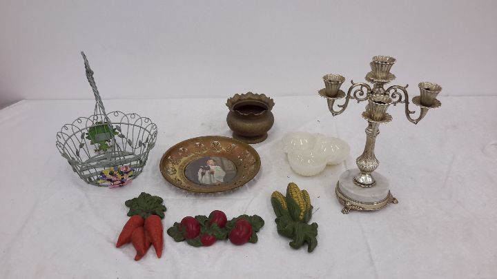 lot 13 image: antique candlestick holder, kitchen dcor, basket, dish, tray, dcor