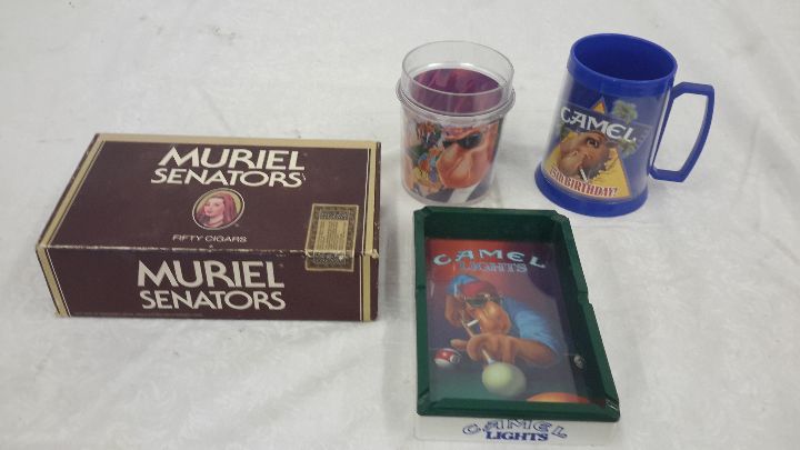 lot 90 image: cigar box, camel cup, Joe Camel cup, Camel Light ash tray