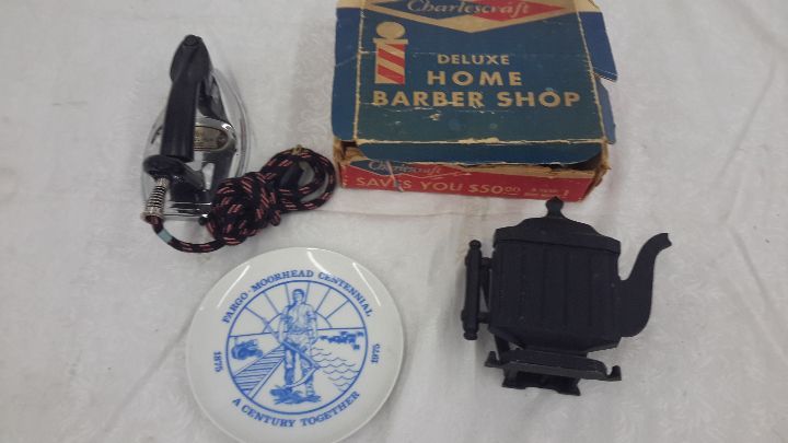lot 155 image: Antique iron, barber, centennial plate, napkin holder