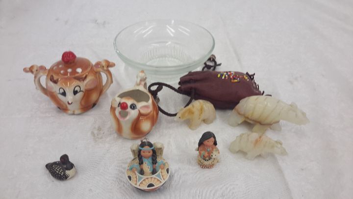 lot 158 image: quartz figurines, ceramic figurines, glass dish