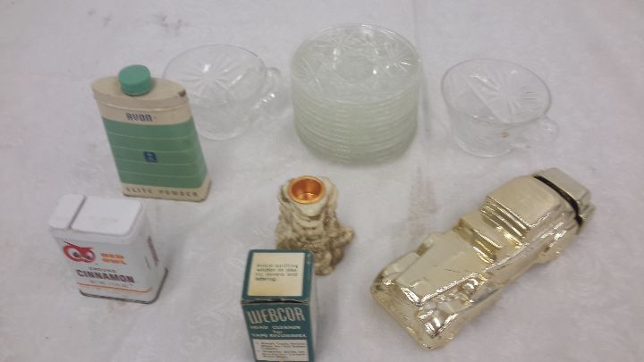 lot 160 image: Assortment of vintage cans, dishes, saucers, colonge bottle
