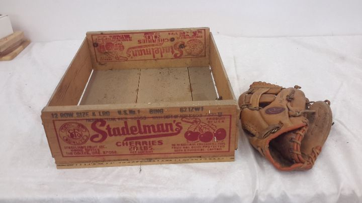 lot 163 image: Wooden cherry crate, baseball glove