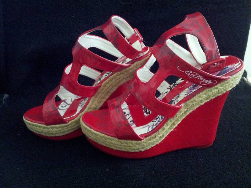 lot 3 image: Ed Hardy Size 7 - Red Wedge Shoes -...