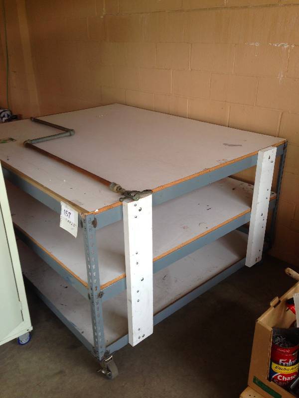 Large work  shop table on casters.