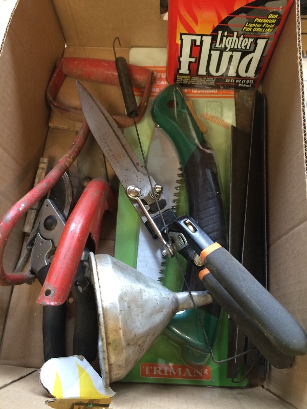 lot 107 image: box lot of items including vintage items, tools, lawn tools