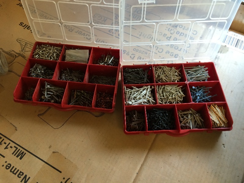 lot 135 image: Assorted box lot of Misc hardware, finishing nail kits,