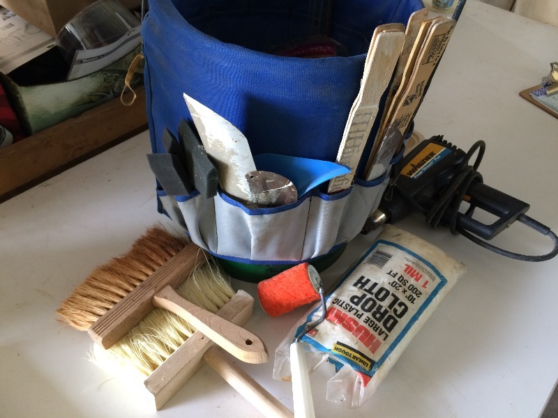 lot 15 image: Bucket full of parts, supplies and heat gun