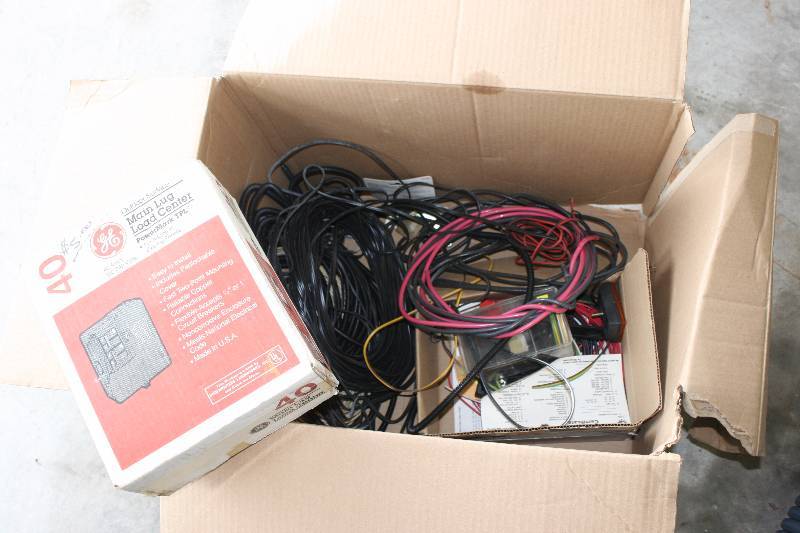 lot 255 image: Box Lot Including General Electric Main Lug Load Center Power Mark TPL Miscellaneous Cords.