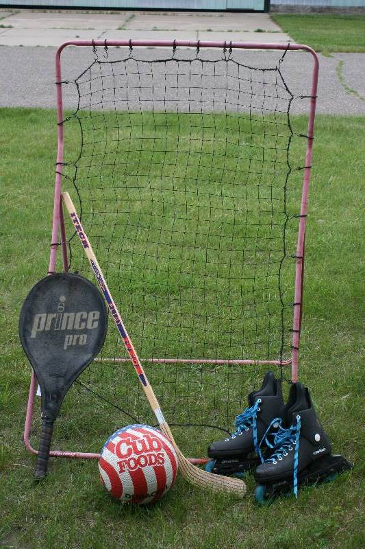 lot 248 image: Sports Lot Including Basbeball Catch Roller Blades Prince Pro Tennis Racket And More.