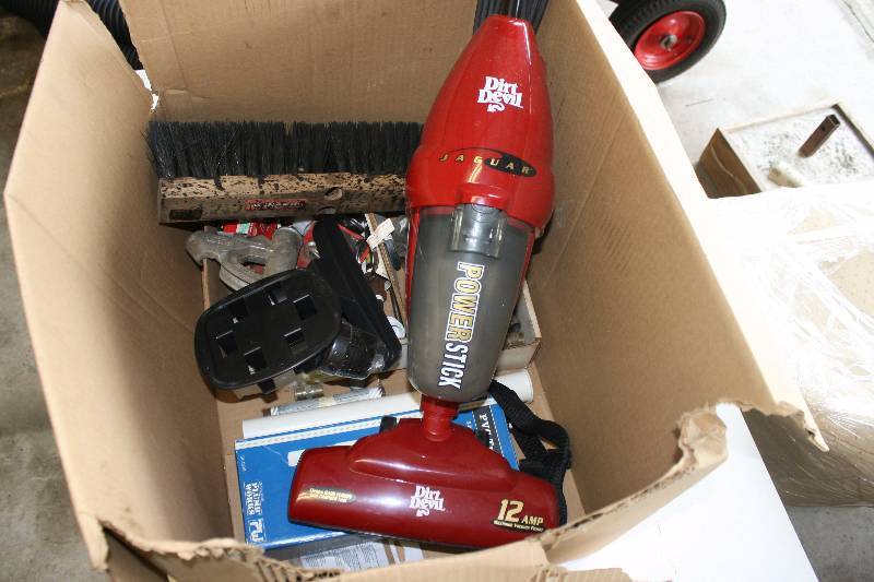 lot 256 image: Box Lot Including Power Stick Vacuum Miscellaneous Metal Hardware PVC Tub Drain And More.