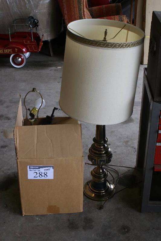 lot 288 image: Box Lot Including Lamp wWhite Shade Singer Sewing Machine wCord JVC Electronics And More.