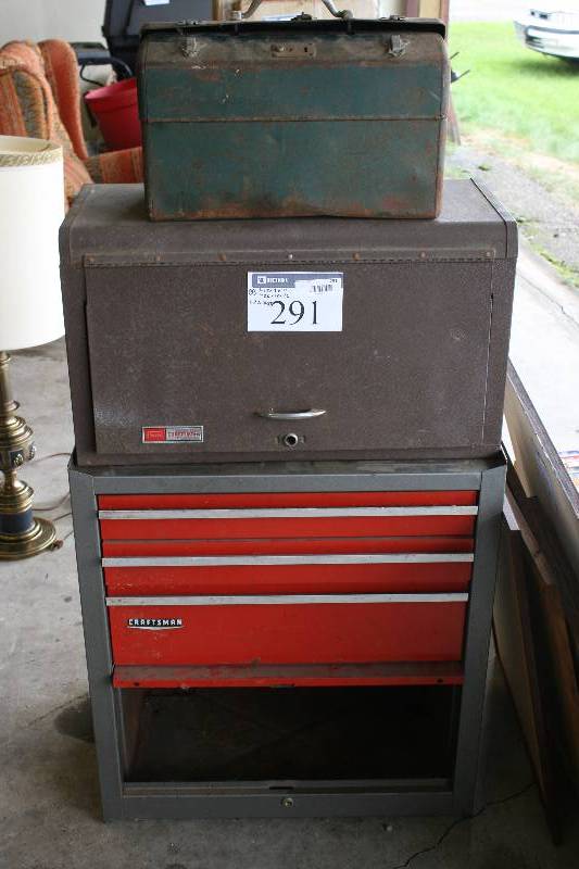 lot 291 image: Lot of (3) Tool Chests Metal Multiple Compartments & Divided Drawers 17 x 9 x 11 26 x 12 x 16 27 x 18 x 29.