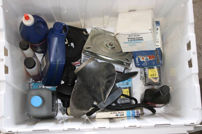 lot 235 image: Box Lot Including Marine Parts & Accessories Lubricants & Oils Boat Propeller And More.