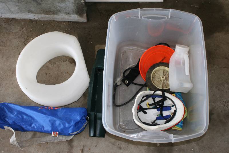 lot 231 image: Box Lot Including Bicycle Helmets Urinal Receptacle Toilet Seat Top And More.