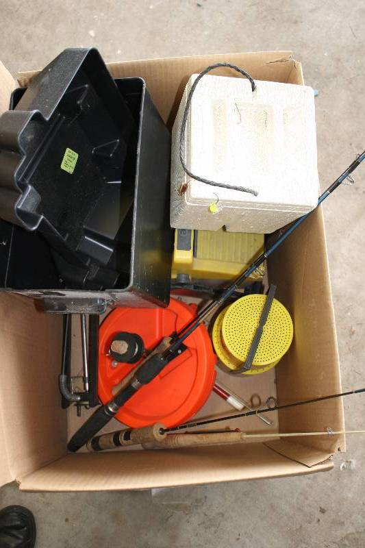 lot 229 image: Box Lot of Ice Fishing Equipment  Including Minnow Bucket Short Fishing Reels Ice Flags And More.
